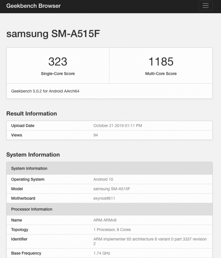 Samsung Galaxy A51 с Android 10 попал в базу данных Geekbench