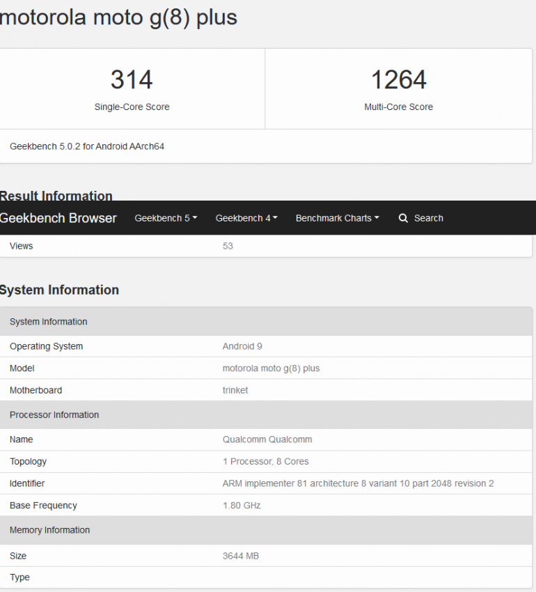 Moto G8 Plus найден в базе данных Geekbench