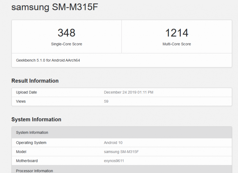 Samsung Galaxy M31 с результатами теста Geekbench