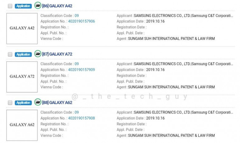 Samsung оставляет за собой имена 9 новых моделей из серии Galaxy A