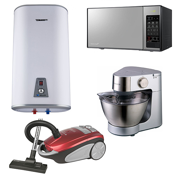 побутова техніка та засоби для дому на білому фоні